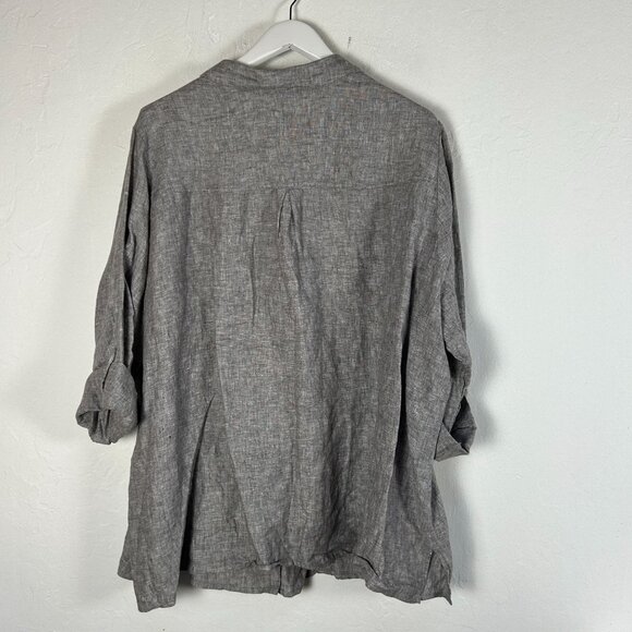 Ulla Popken Womens Gray Linen Button-Up Shirt Tunic Size 16/18 Roll-Tab Sleeves - Picture 2 of 6